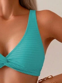 SHEIN Swim 女士單色扭結前豪華比基尼套裝，夏季沙灘服裝 - 藍色 - 查看 5