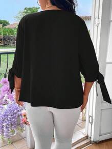 EMERY ROSE Blusa elegante y casual de mujer talla grande, de tejido sólido, con hombros descubiertos y lazo de perlas - Negro - Ver 2