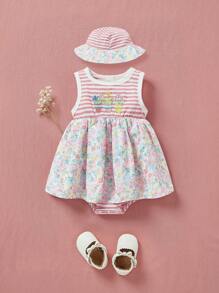 SHEIN 2pcs Baby Girls' Elegant & Cute Dress With Romper And Hat, Spring/Summer