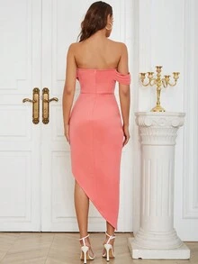 Simple And Sexy One-Line Shoulder Spread Chest Bare Back Side Slit Pleated Slim Dress Woman - Pink - View 2