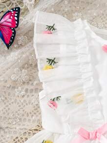 SHEIN Baby Girl Summer Contrast Mesh Floral Bodysuit With Ruffle Trim - White - View 5
