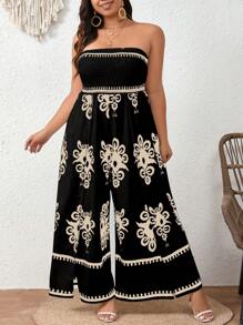 SHEIN Clasi 大碼女士花卉印花寬腿休閒連身褲，度假風格 - 黑色 - 查看 4