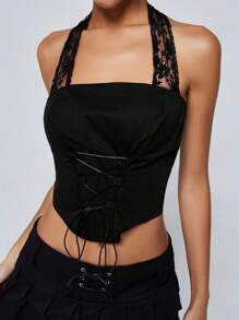 Aveloria Affinna Conjunto de 2 piezas dulce y fresco para verano con top halter de encaje trasparente y falda mini plisada empalmada con encaje