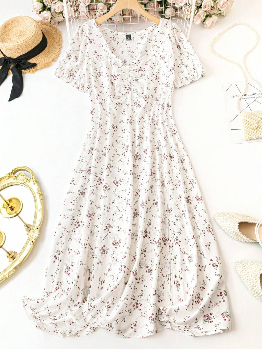 SHEIN Clasi 大码女式甜心领口花卉印花短袖 A 字裙长款女装 - 白色 - 查看 1