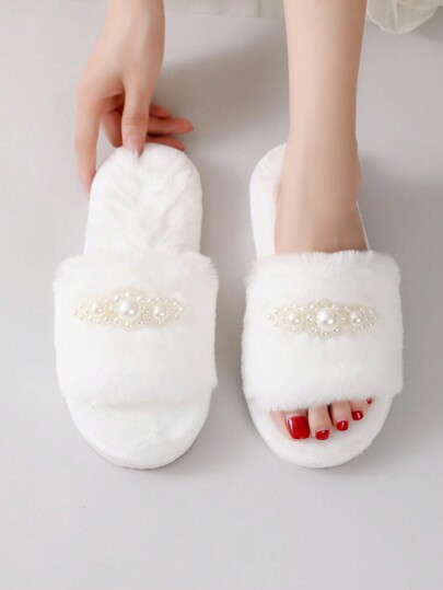 Fall/Winter Women's Plush Pearl & Fluffy Slippers, Indoor Casual House Slippers