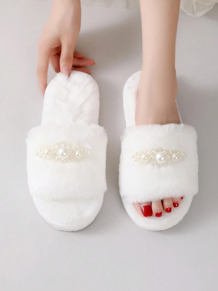 Fall/Winter Women's Plush Pearl & Fluffy Slippers, Indoor Casual House Slippers - White - View 1