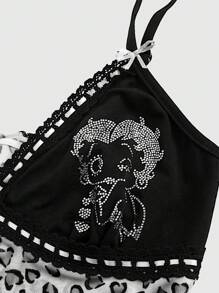 Betty Boop | ROMWE Camiseta sin mangas para mujeres con patrón de encaje contrastante y diseño de dibujos animados