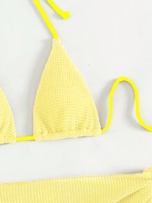 SHEIN Swim 女士夏季海滩纯色露背比基尼套装，带罩裙，特殊面料，3 件套黄色泳衣 - 黃色 - 查看 3