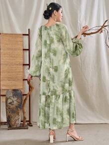 Mulvari Tie Dye Tie Neck Lantern Sleeve Ruffle Hem Dress For Spring & Summer Maxi Women Outfit Fall Cloth For Women - Green - View 2