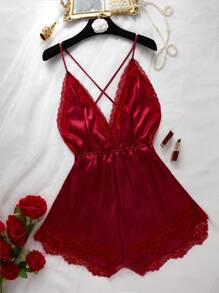 SilkySpell Bộ đồ ngủ hở lưng phối ren tương phản cỡ lớn - Màu Đỏ Sâu - Xem 1