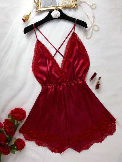 SilkySpell Plus Size Contrast Lace Crossed Strap Backless Pajamas Romper