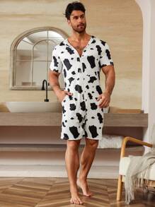 Men's Cow Print Hooded Short Sleeve Loungewear Romper - Black and White - View 3