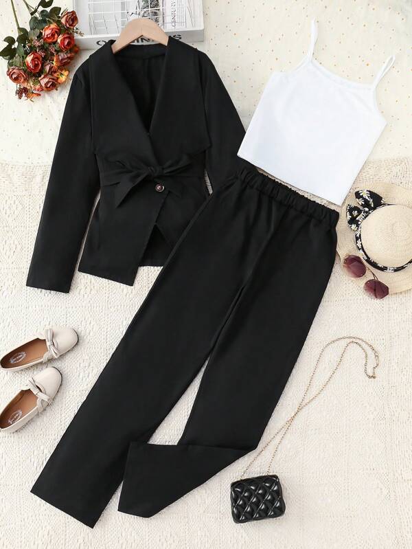 Teen Girls Solid Cami Top & Pants & Open Front Coat For Spring & Summer