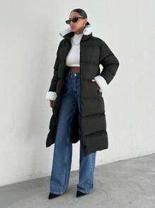 EURMUSE Furry Wrist And Neck Long Puffer Coat - Black - View 6