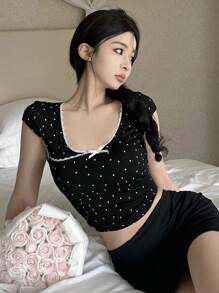 DAZY Áo thun ngắn tay chấm bi mùa hè dành cho nữ có trang trí nơ - màu đen - Xem 7