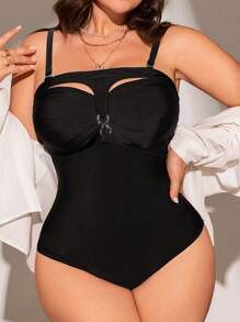 SHEIN Swim Curve 大码纯色性感修身连体泳衣夏季 - 黑色 - 查看 1