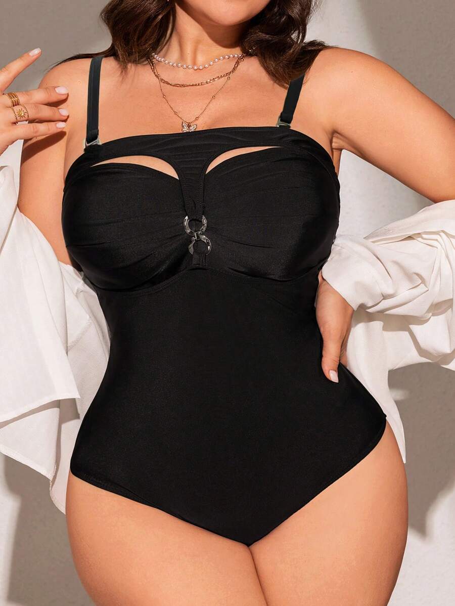SHEIN Swim Curve 大码纯色性感修身连体泳衣夏季 - 黑色 - 查看 1