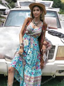 Rusttydustty Vestido con volantes de cintura alta con cordón estampado floral morado para mujer, ideal para playa, vacaciones, picnic, San Valentín, boda, temporada, festival de música Coachella