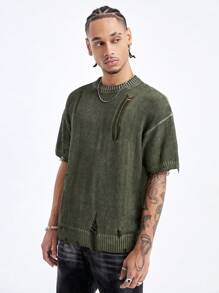 PAVTROS Áo len đan trễ vai nam rách cho mùa hè - xanh quân đội - Xem 5