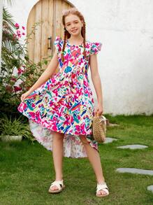 SHEIN Girls' Vacation Short Front Long Back Printed Dress - Multicolor - View 1