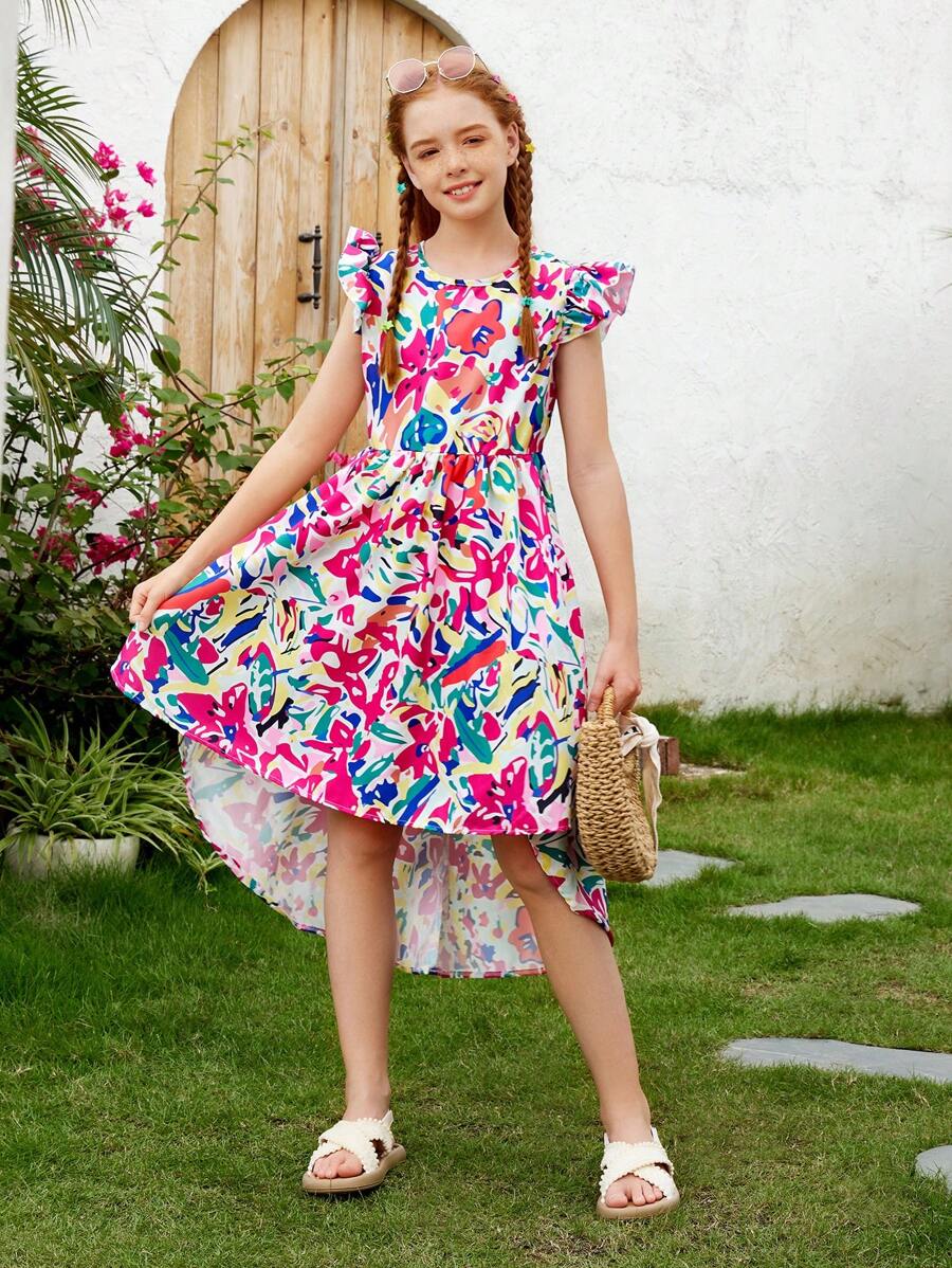 SHEIN Girls' Vacation Short Front Long Back Printed Dress - Multicolor - View 1