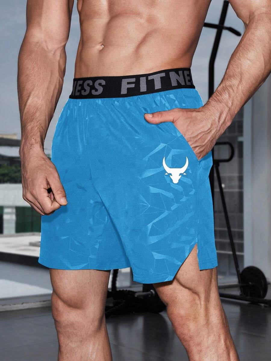 Gym Rark 男友风男士公牛印花字母织带休闲短裤,适合健身,轻便 - 藍色 - 查看 1