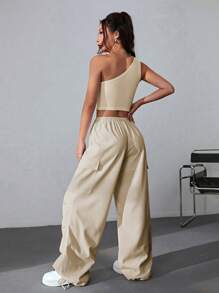 SHEIN EZwear One Shoulder Crop Top & Flap Pocket Side Drawstring Waist Cargo Trousers - Apricot - View 2
