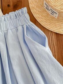 SHEIN LMoss Kids LMoss 年轻女孩宽松 A 字裙，带荷叶边下摆，百搭休闲中裙/半身裙，舒适透气的棉质面料，适合夏季穿着