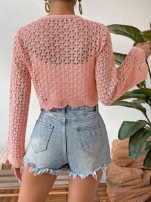 Breezaya Women's Solid Color Lace-Up Bell Sleeve Casual Cardigan - Coral Pink - View 2