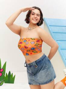 Mr Men Little Miss X SHEIN Plus Size Summer Fashion Casual Cartoon Star Print Orange Knit Slim Fit Bandeau Top