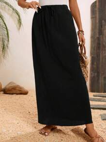 SHEIN LUNE Women's Linen Long Black Fashionable A-Line Skirt, Suitable For Summer - Green - View 4