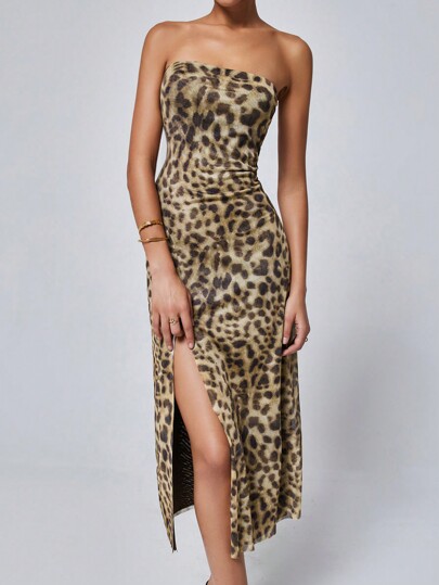 Aveloria Affinna Leopard Print Split Thigh Tube Longline Dress
