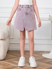 女孩休閒灰紫色重水洗牛仔開叉裙 - 粉色 - 查看 5