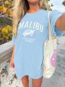 INAWLY Letter Graphic Drop Shoulder Tee Graphic Tees Women Tops - Baby Blue - View 1