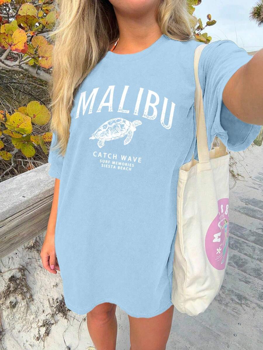 INAWLY Letter Graphic Drop Shoulder Tee Graphic Tees Women Tops - Baby Blue - View 1