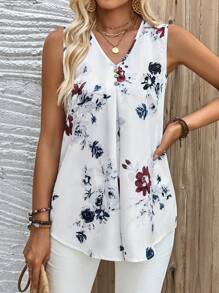 EMERY ROSE Women's Summer Casual Pleated Button Decoration Asymmetrical Hem Flower Printed Sleeveless Camisole Top - White - View 1