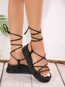 Sandalias con cordones de suela gruesa para mujer de moda - Negro - Ver 5