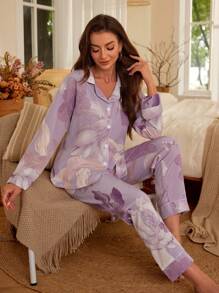 Bộ đồ ngủ/Bộ đồ ngủ họa tiết hoa tương phản, túi vá, mùa lễ hội - Nhiều màu - Xem 5