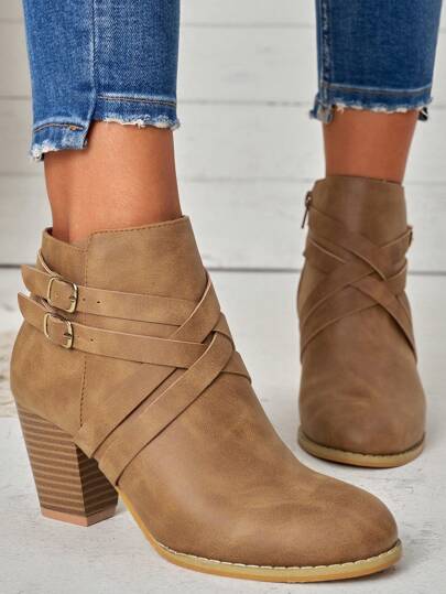 秋冬时尚交叉绑带女式踝靴，完美搭配开衫，PU表面扣性感女式短靴，适合女性时尚靴子搭配牛仔裙，女靴