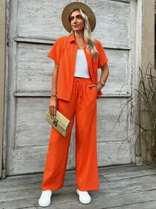 SHEIN LUNE Conjunto de camisa naranja de manga corta y pantalón largo casual y elegante para verano adecuado para viajes - Naranja Quemada - Ver 3