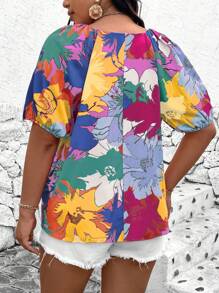 SHEIN LUNE Plus Size Vacation Leisure Flower Printed Lantern Sleeve Shirt