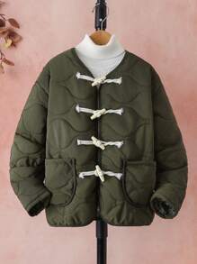 Tween Boy Loose Fit Diamond Patterned Horn Button Padded Coat - Army Green - View 1