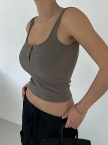 DAZY Women's Summer Solid Color Button Front Halterneck Cami Top