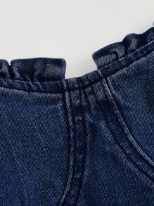 SHEIN MOD Women's Summer Denim Dress With Ruffled Edges, Cinched Waist And Wide Strap - Dark Wash - View 4