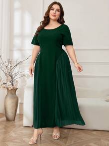 Mulvari Plus Women Solid  Pleated Hem Dress For Summer - Dark Green - View 4
