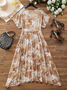 Mulvari Vestido casual de manga murciélago con estampado de flores teñidas para vacaciones de mujeres