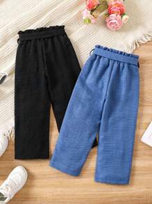 SHEIN Vintaside Kids 年輕女孩實色花苞腰寬鬆休閒寬腿長褲 - 彩色 - 查看 2