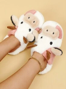 女士卡通可爱奶牛图案室内保暖拖鞋，适合居家穿着 - 粉色 - 查看 5