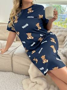Plus Size Cute Bear Printed Sleeping Pajama Dress - Navy Blue - View 6
