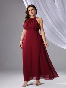 SHEIN Belle Vestido de fiesta elegante de color rojo burdeos talla grande con cuello halter, cintura fruncida - Burdeos - Ver 5